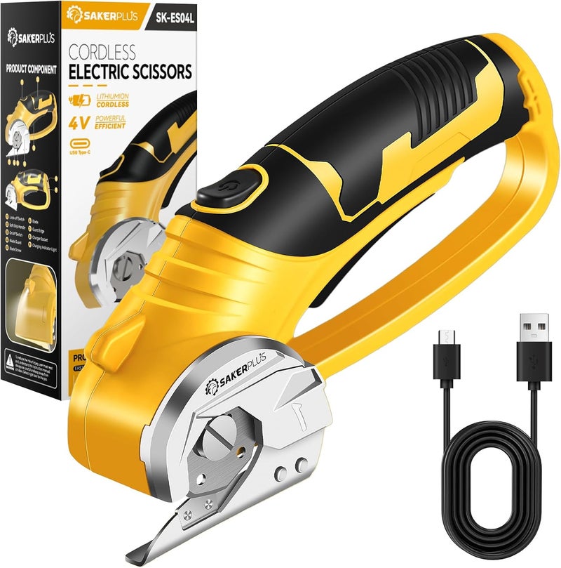 SakerPlus Cordless Electric Scissors, 4V Cardboard Cutter, Box Cutter Fabric Scissor with Safety Lock & LED Light, Rechargeable Power Rotary Cutters for Box Carpet Fabric Plastic Leather - Image 1